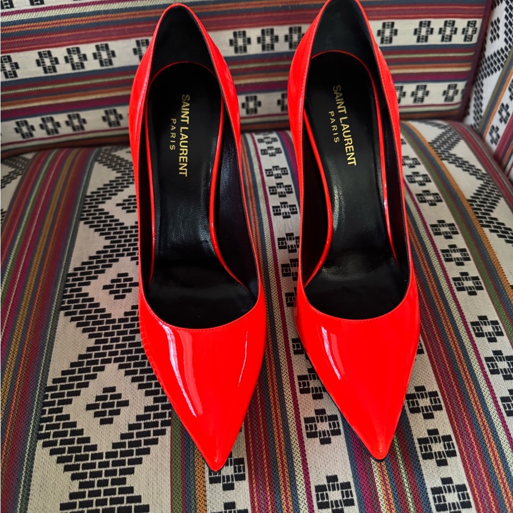 Saint Laurent Glossy Patent Leather Red Orange Heels 40Europe 9.5 US - Picture 5 of 16